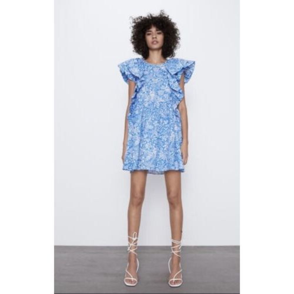 Zara blue print ruffle shoulders mini dress